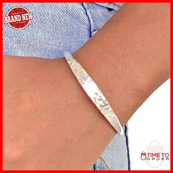 Sterling Silver Cuff Bracelet Minimalist Adjustable Hammered Shiny Solid